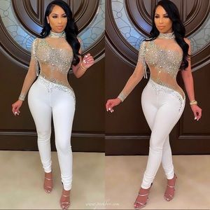 “Eliene Crystal Jumpsuit” PoshByV Clothing Co. Size L Nude/White CrystalEmbellis
